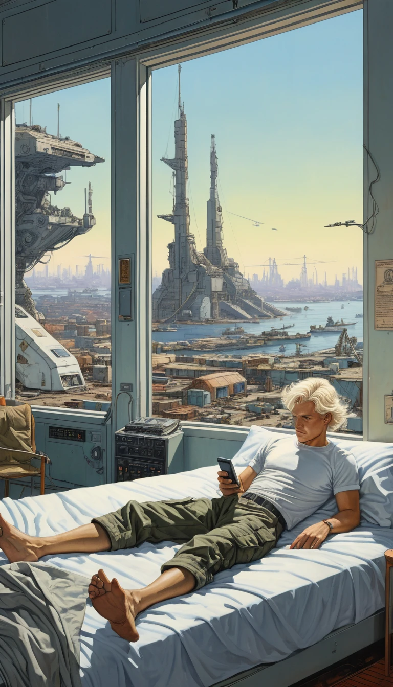 Young man on bed overlooking futuristic industrial harbor
