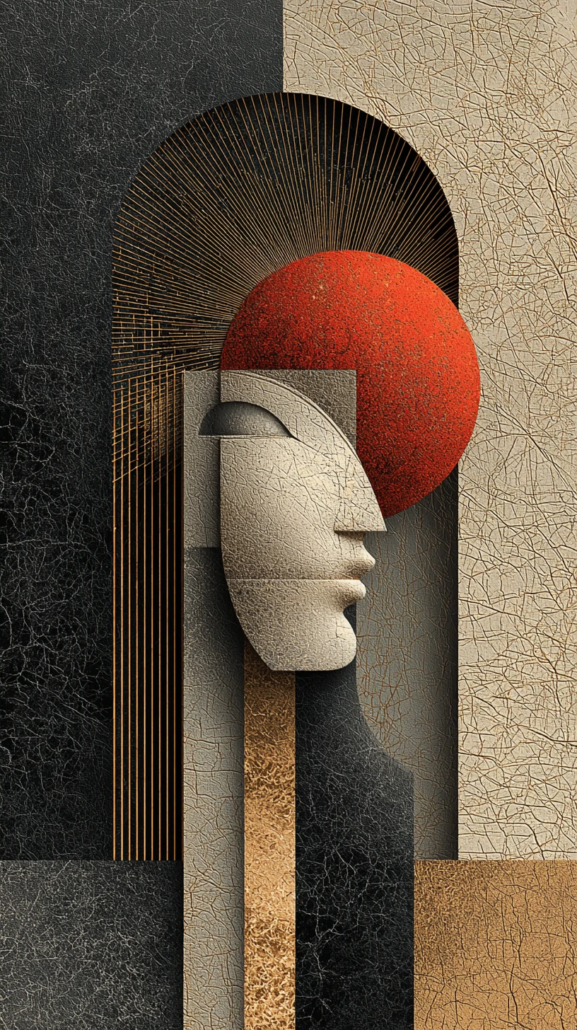Pintura abstrata de rosto geométrico em fundo texturizado dividido