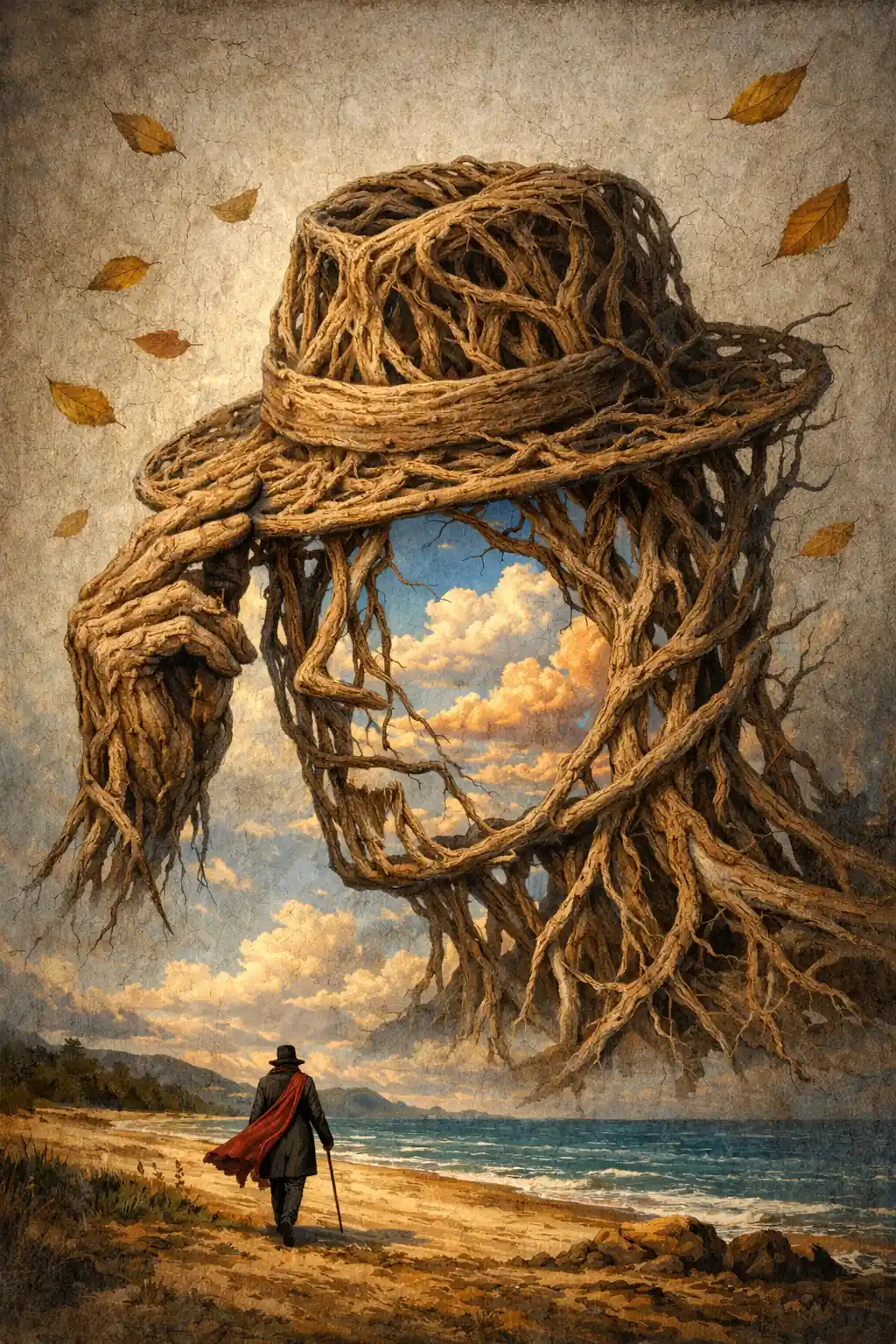 Surreal tree formed human head opening into sky and sea