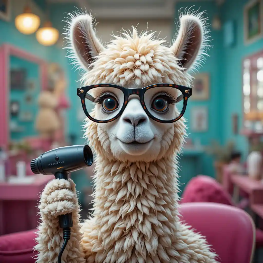 Alpaca com óculos gigantes em salão colorido
