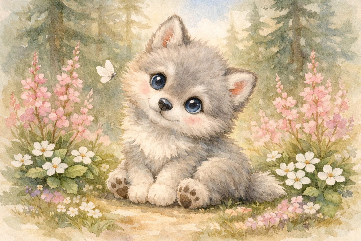 Bébé loup en aquarelle observant un papillon de nuit blanc dans la forêt
