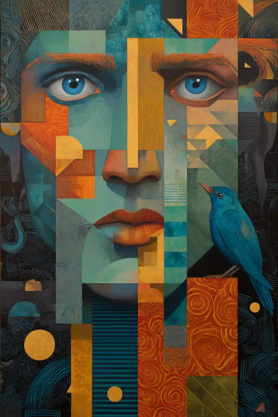 Cubist surreal portrait of an androgynous fragmented face