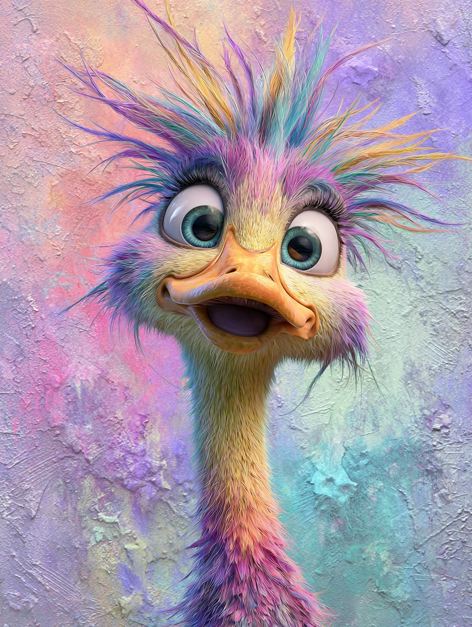Stressed rainbow duck character on soft pastel stucco background
