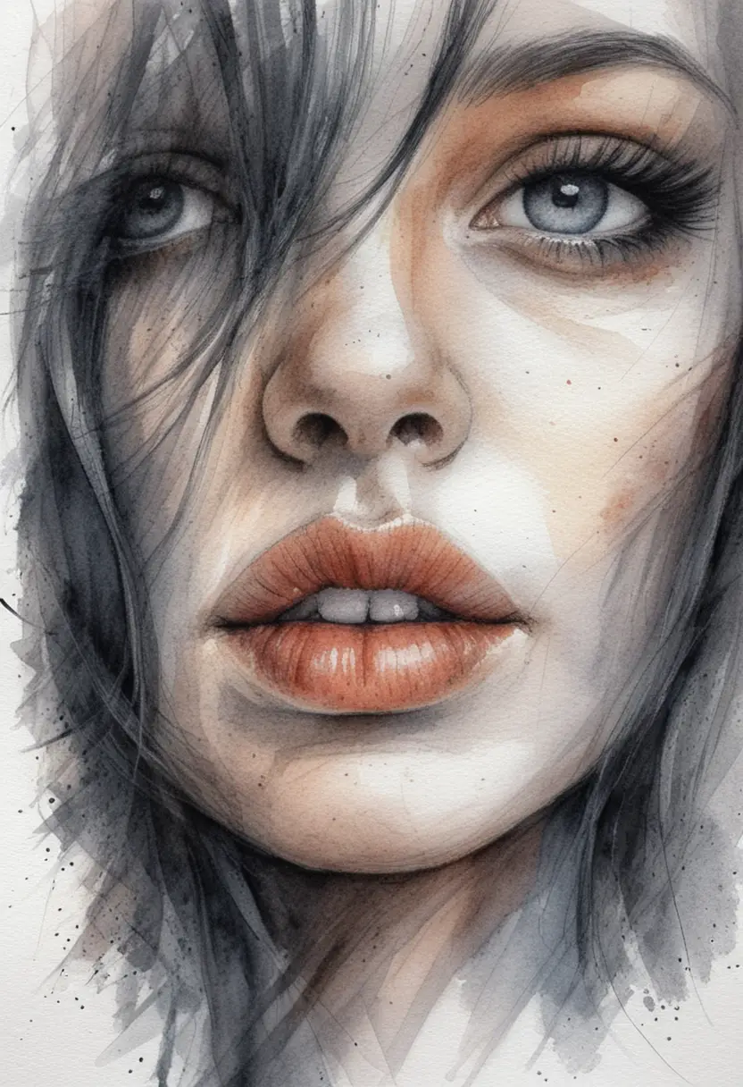 Close up woman portrait drawing with vivid blue eye