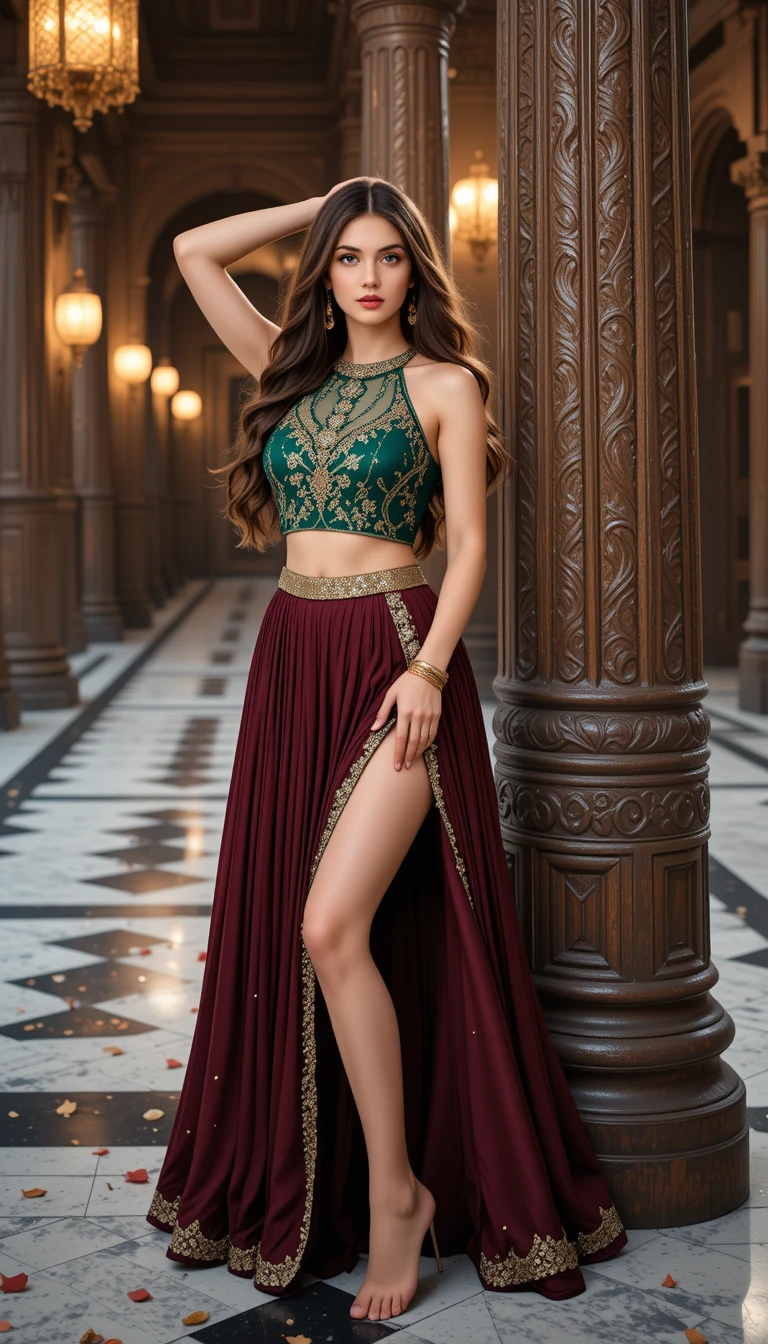 Elegant woman posing barefoot in an ornate palace hall