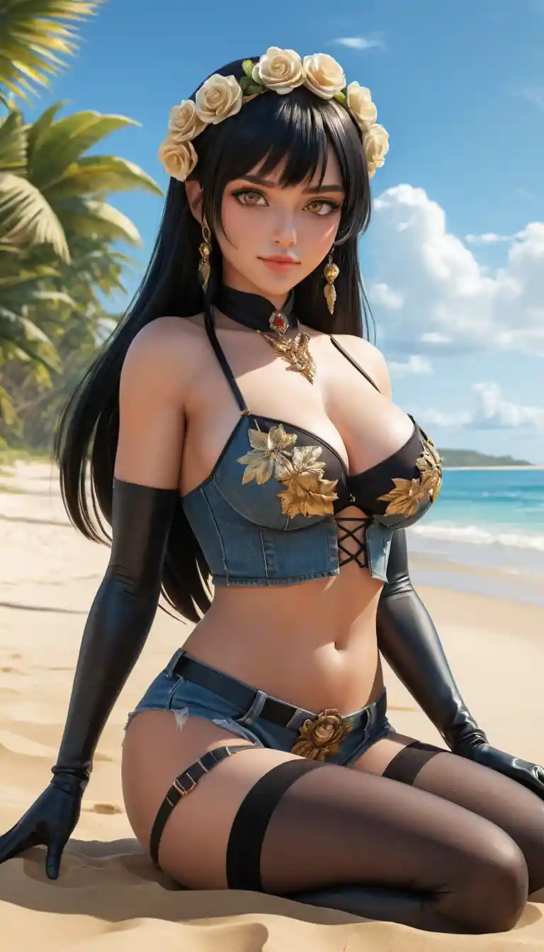 Anime woman in black beach outfit on tropical sand