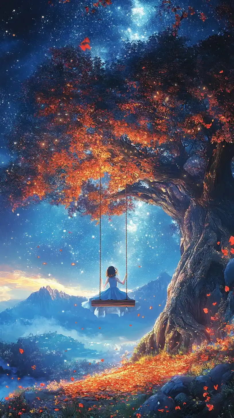 Girl on a tree swing above a misty night valley