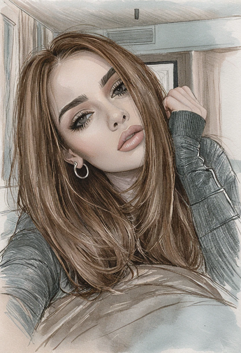Young woman lying sideways in a charcoal bedroom portrait