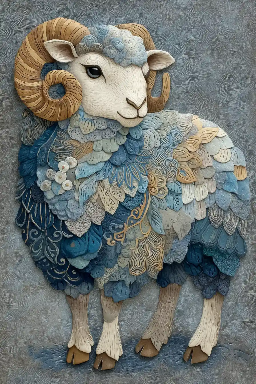 Blue paper art relief of a cute stylized lamb