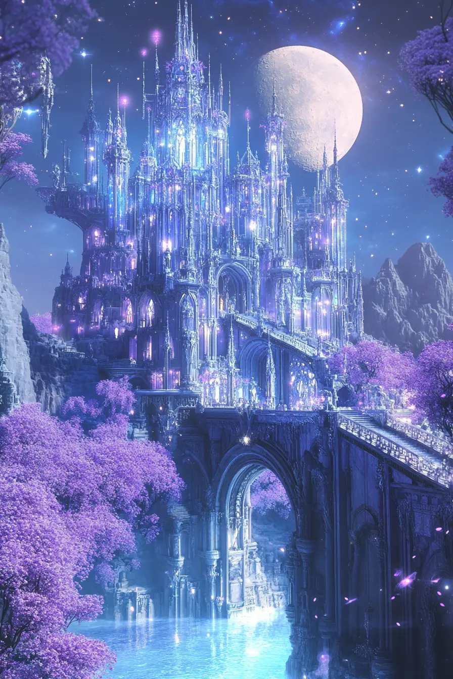 Crystal palace on a crescent moon in deep space