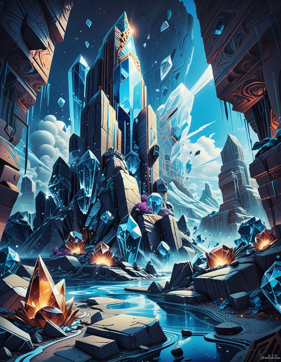 Paesaggio fantasy surreale con cristalli giganti che emergono dalla terra
