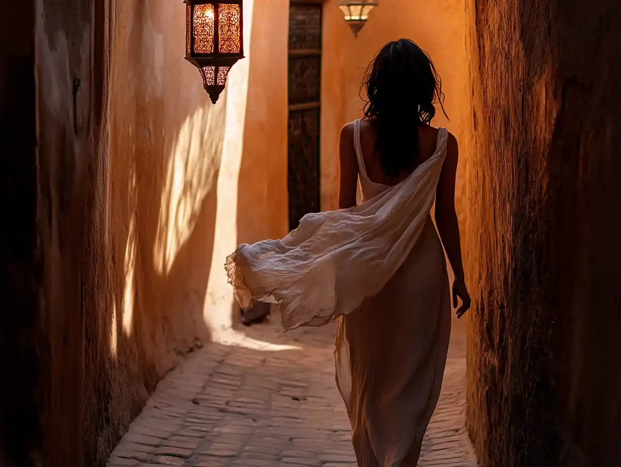 Woman walking in a narrow Moroccan alley at evening