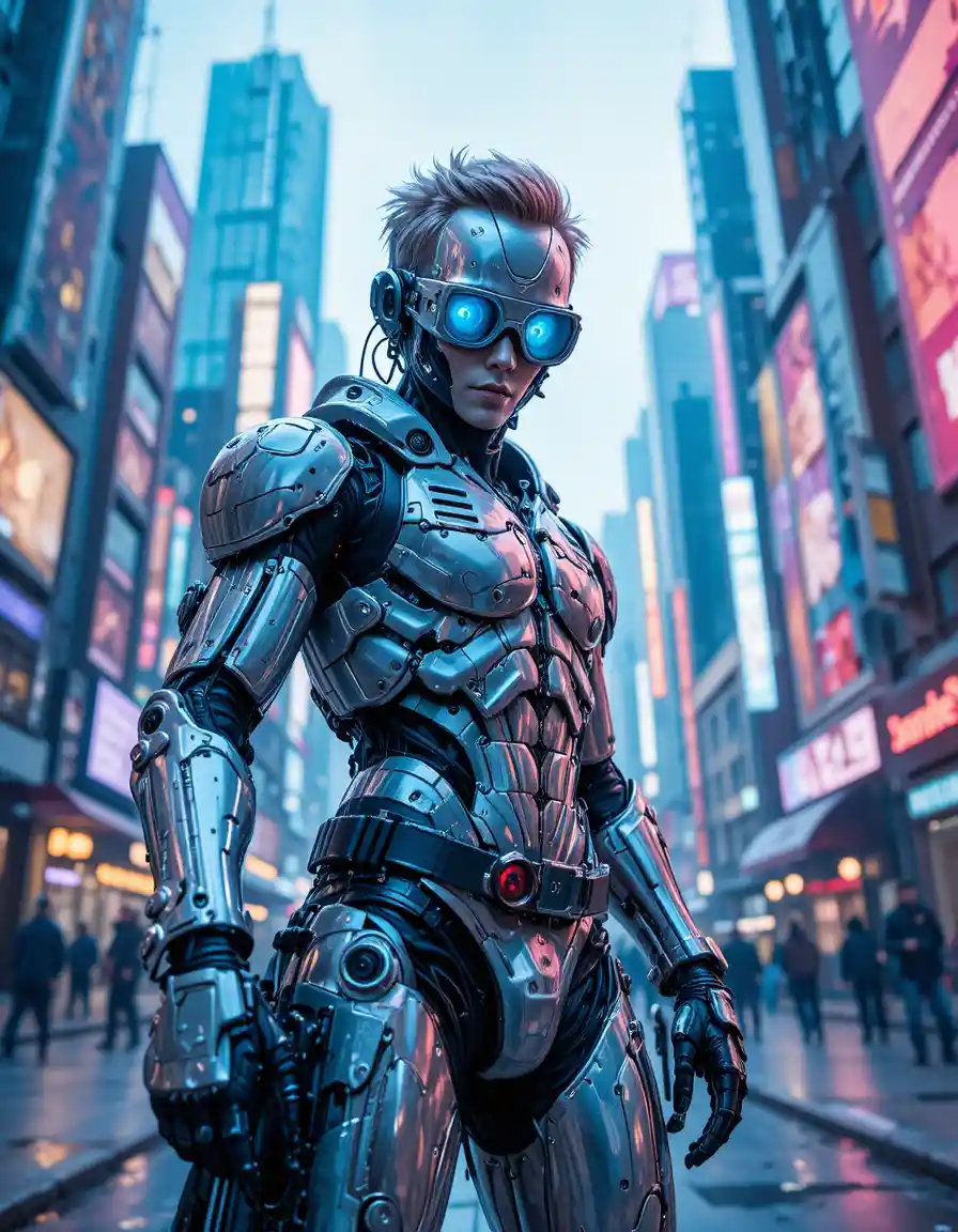 Cyberpunk cyborg guy close up in neon metropolis street