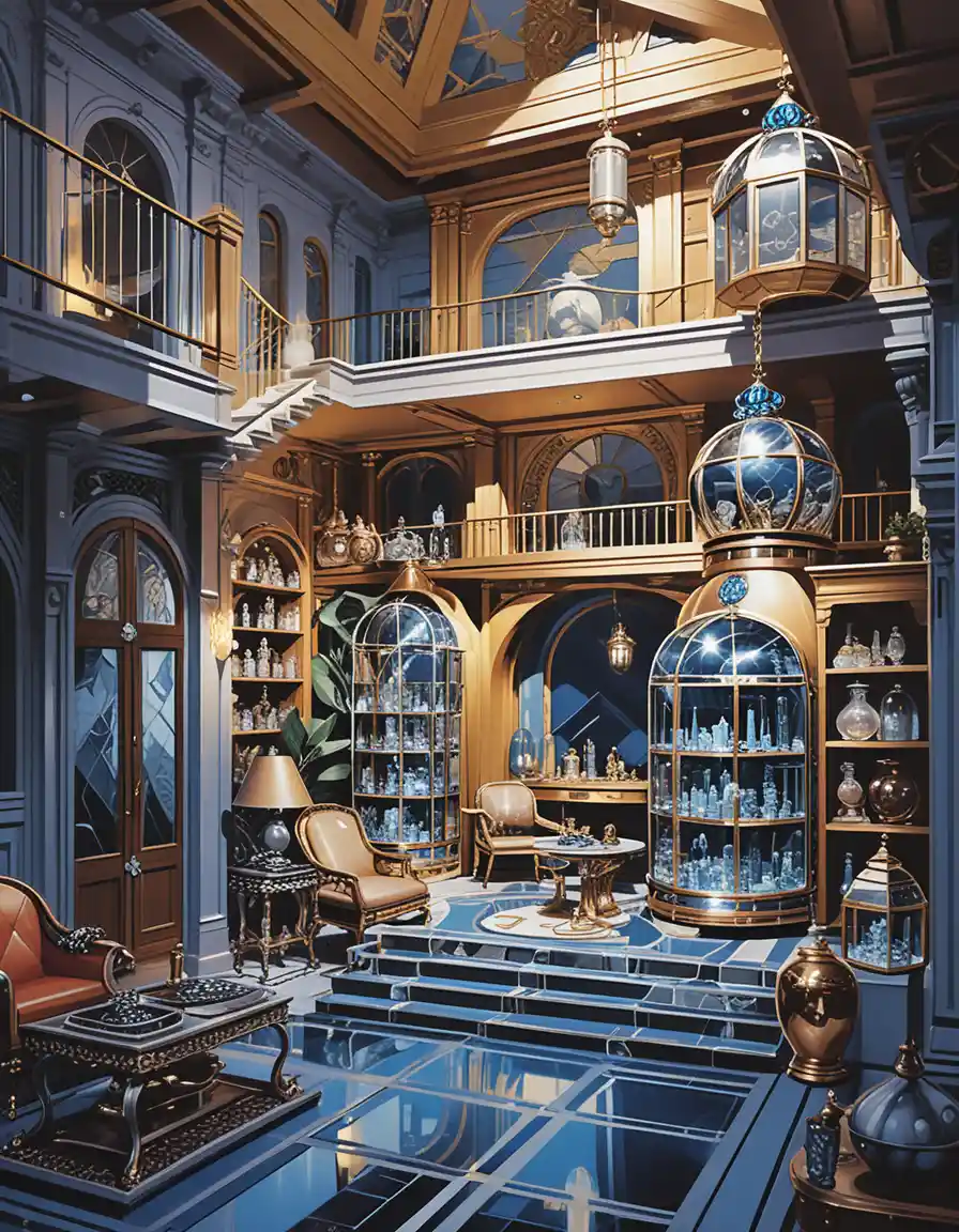 Fantasy two story merchant house cutaway interior scene