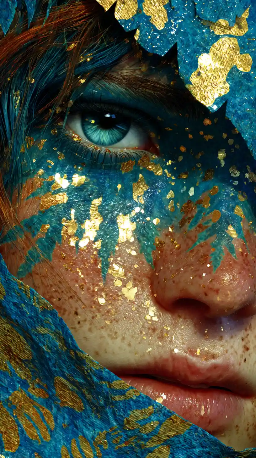 Ethereal woman framed by blue leaves in fantasy jungle