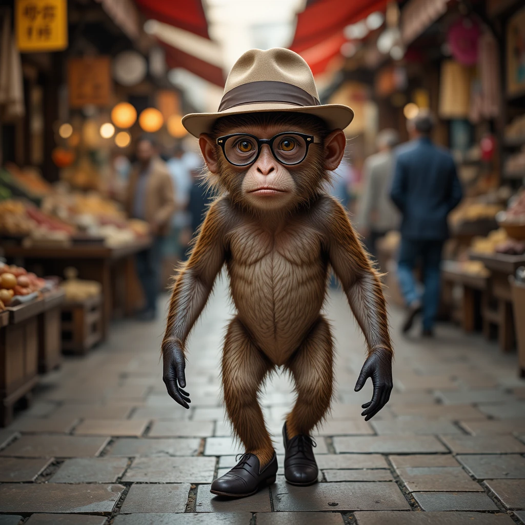 Stylish monkey walking through a busy street market