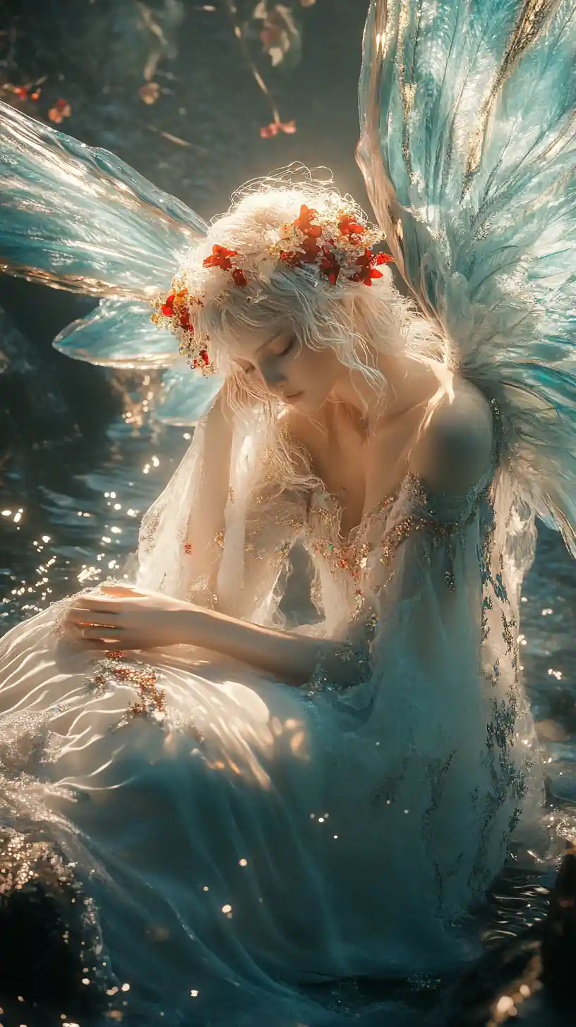 Ethereal angel resting on a rocky shore at sunset