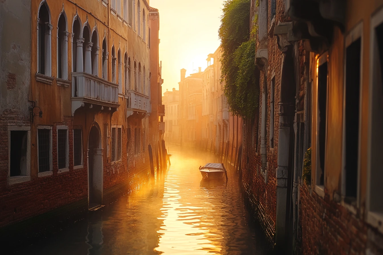 Canale di Venezia che brilla nella foschia dorata del tramonto