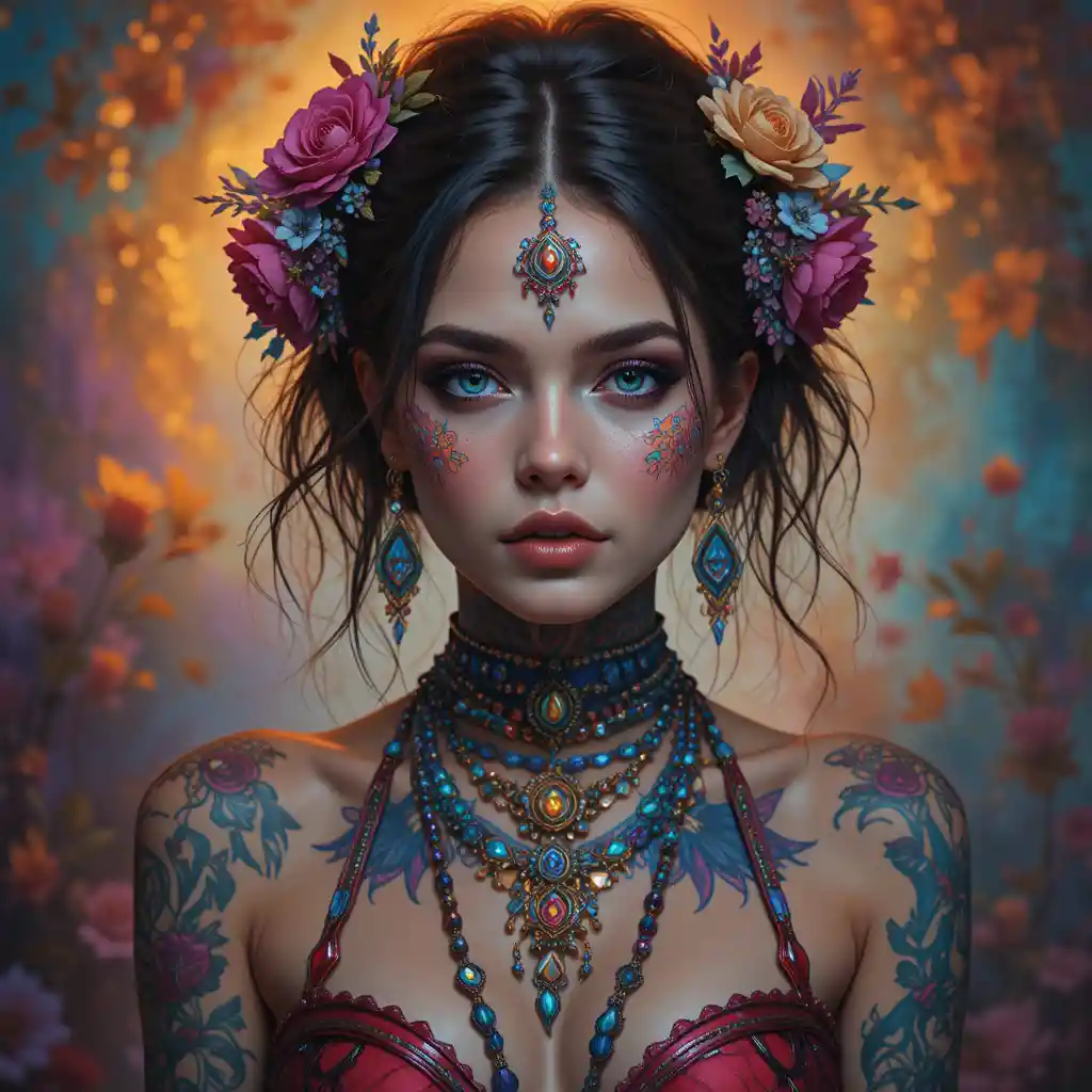 Free spirited woman with tattoos and vibrant jewelry