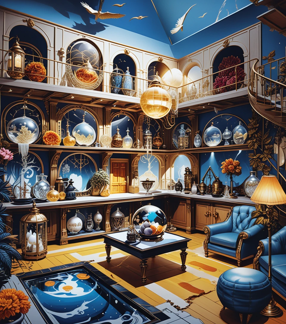 Fantasy two story merchant house interior 3D illustration