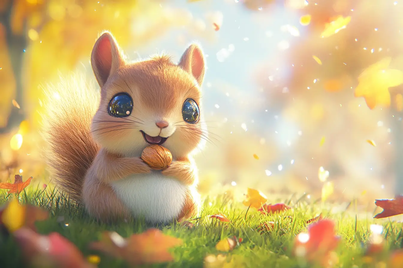 Cute chibi squirrel with nuts in sunny autumn grass