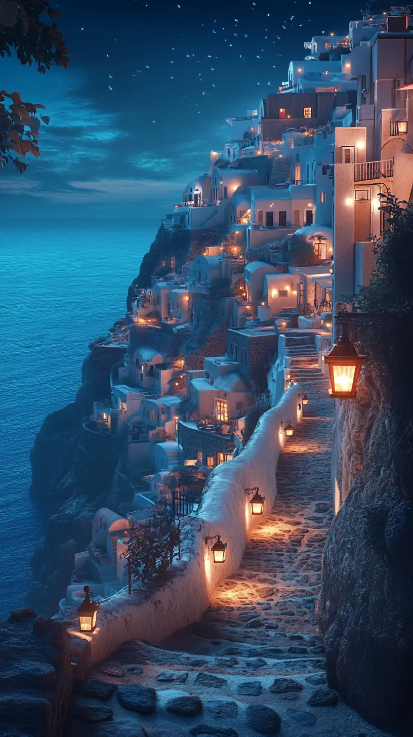 Cliffside santorini village at twilight with glowing lanterns