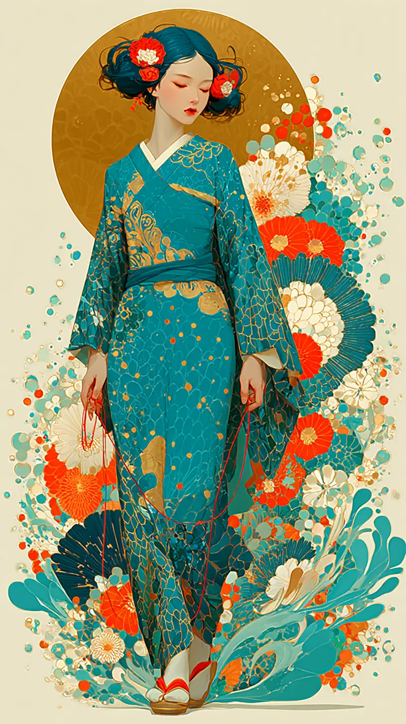 Japanese woman in teal kimono with golden crescent moon