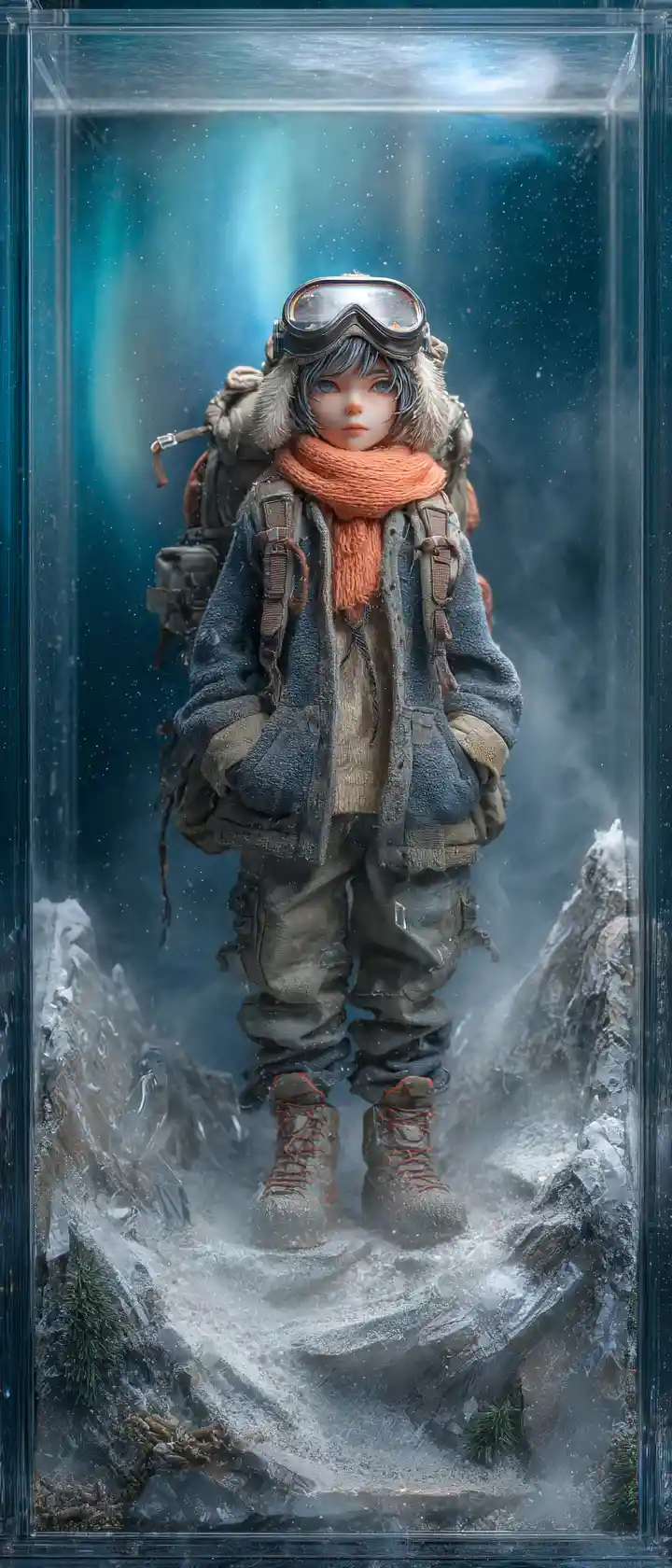 Melancholic anime boy explorer in snowy diorama scene