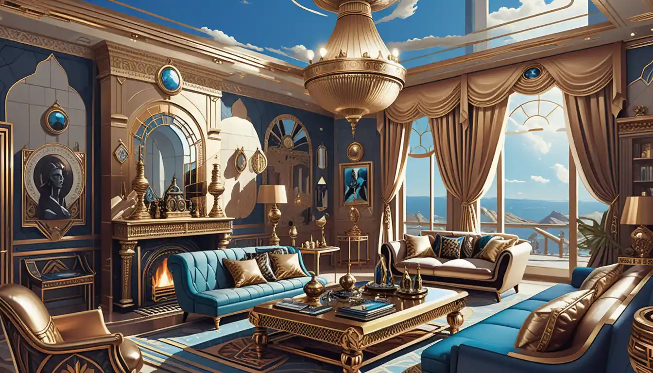 Dark fantasy manor interior with ornate eclectic decor