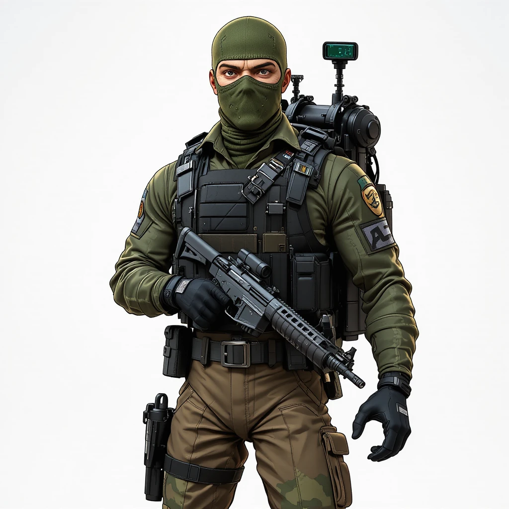 Cartoon soldier in green balaclava with tactical gear