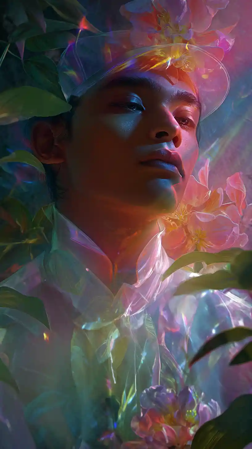 Dreamy Androgynous Portrait With Ethereal Botanical Background