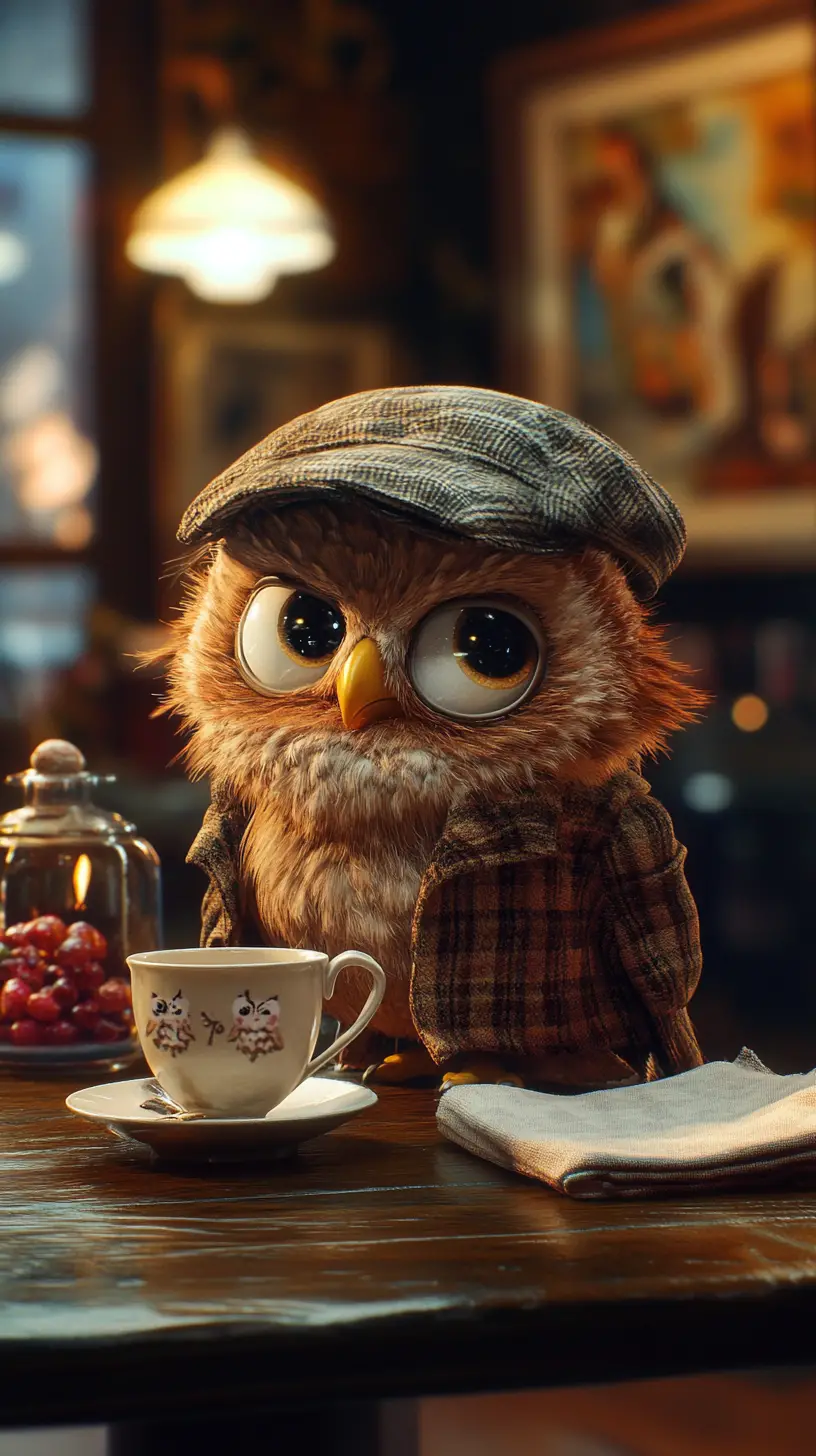Cartoon Owl In Tweed Cap Relaxing At Cozy Cafe Table
