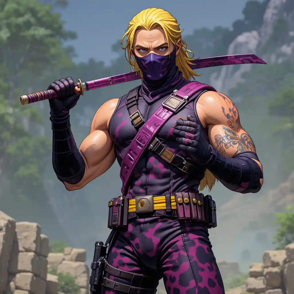 Guerriero commando anime con nunchaku e outfit ninja viola