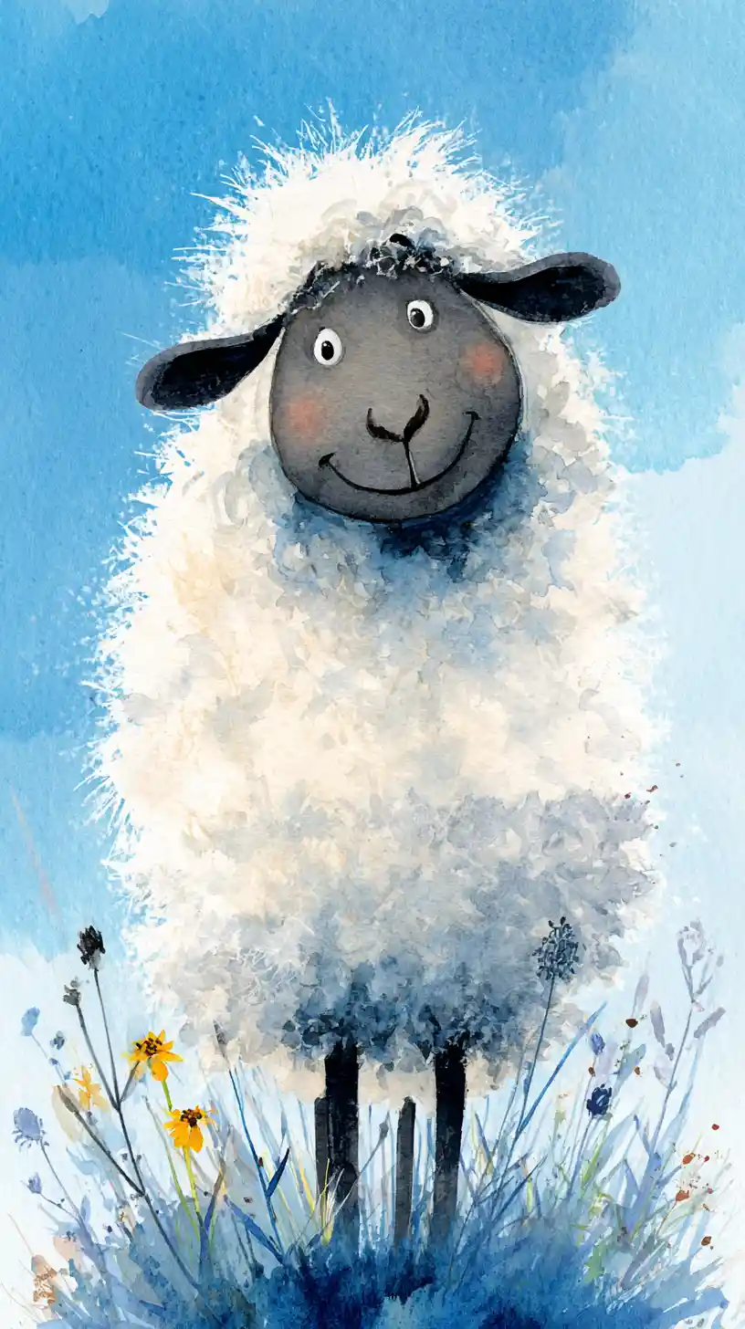Cute watercolor illustration of a winking sheep on blue background