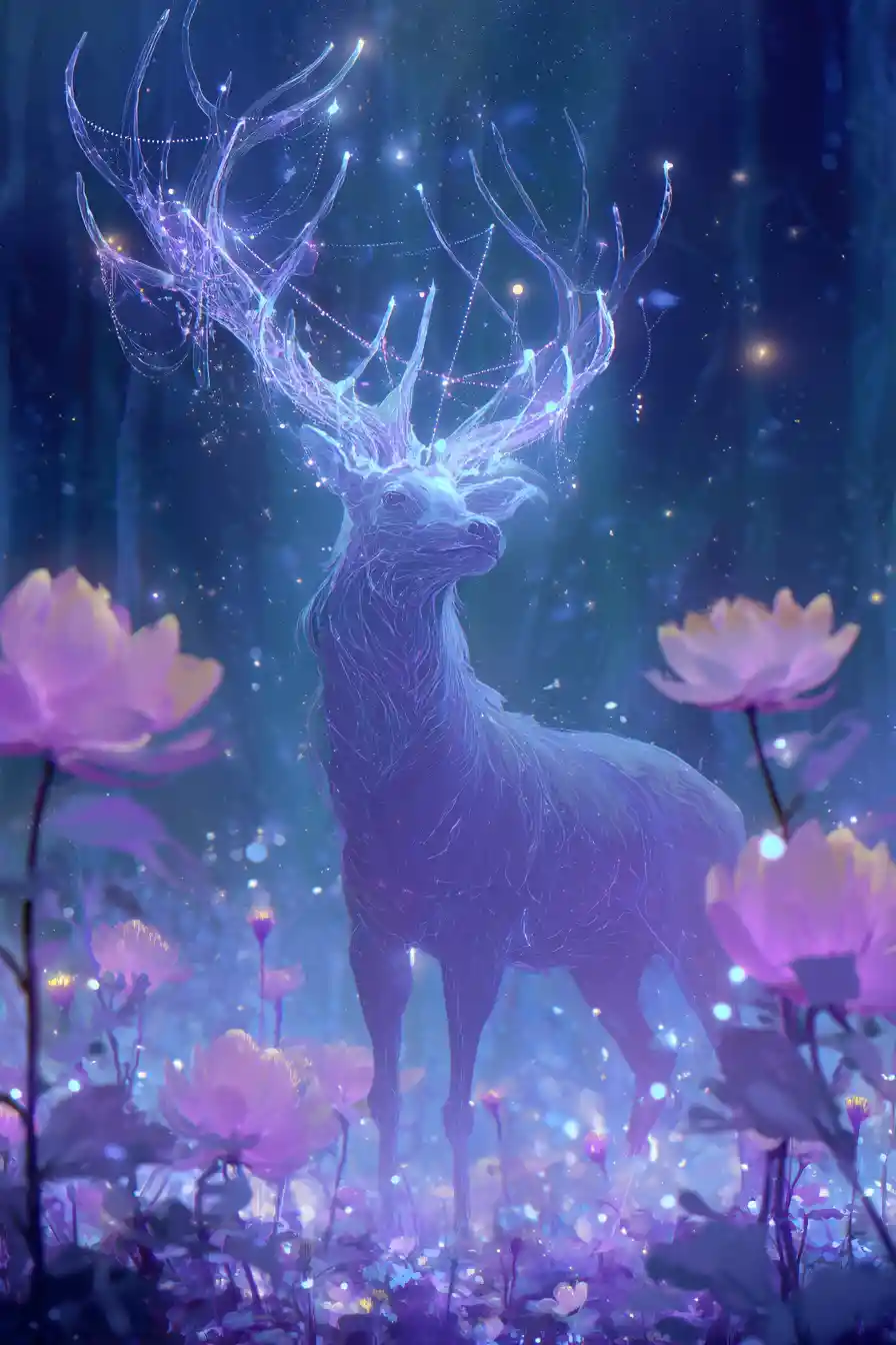 Majestätischer Hirsch in einem leuchtenden surrealen Fantasiewald