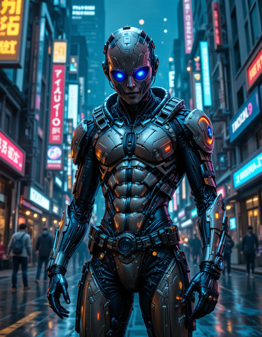 Cyberpunk cyborg man posing in a neon futuristic city