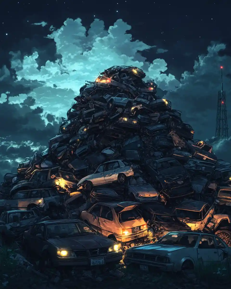 Illustration anime d’une casse automobile de nuit avec des phares de voiture lumineux