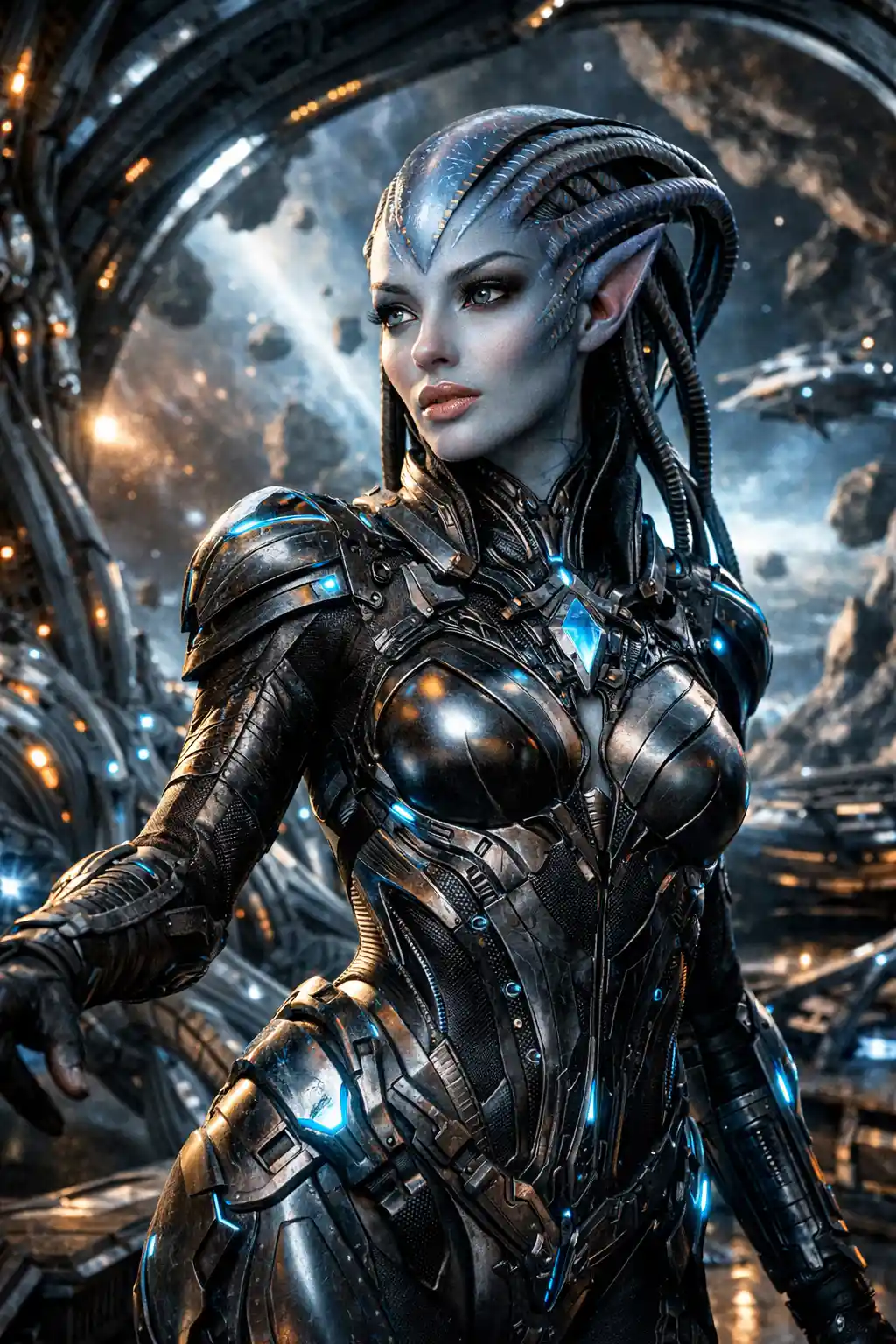 Portrait hyperréaliste d’une femme extraterrestre en tenue ornée