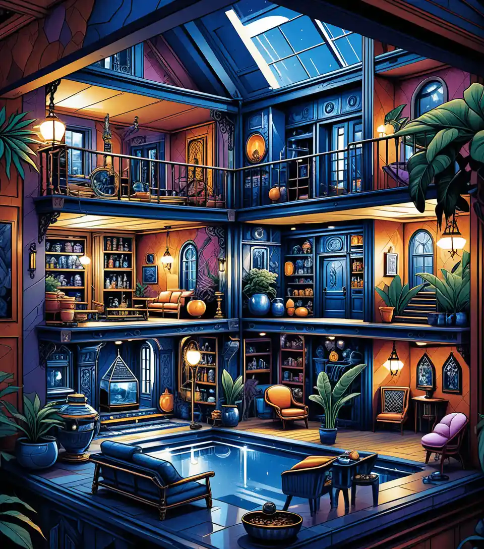 Casa de mercador de fantasia de dois andares com interior exposto