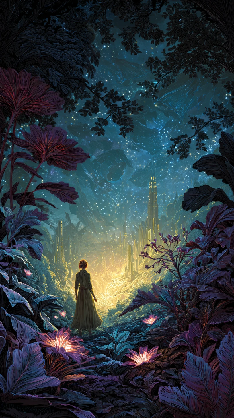 Donna mistica fantasy davanti a uno sfavillante skyline futuristico