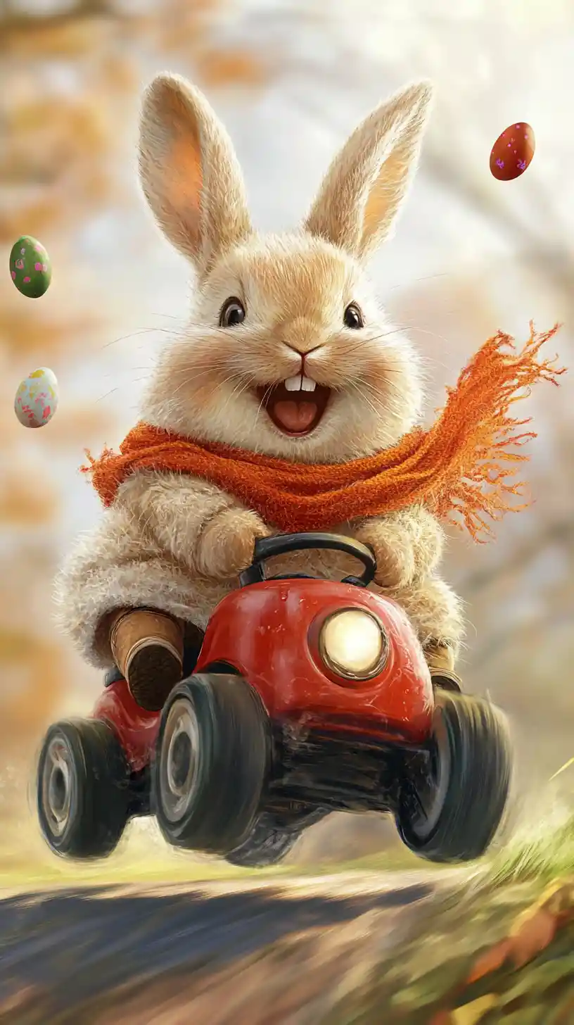 Joyful rabbit racing downhill in a toy car