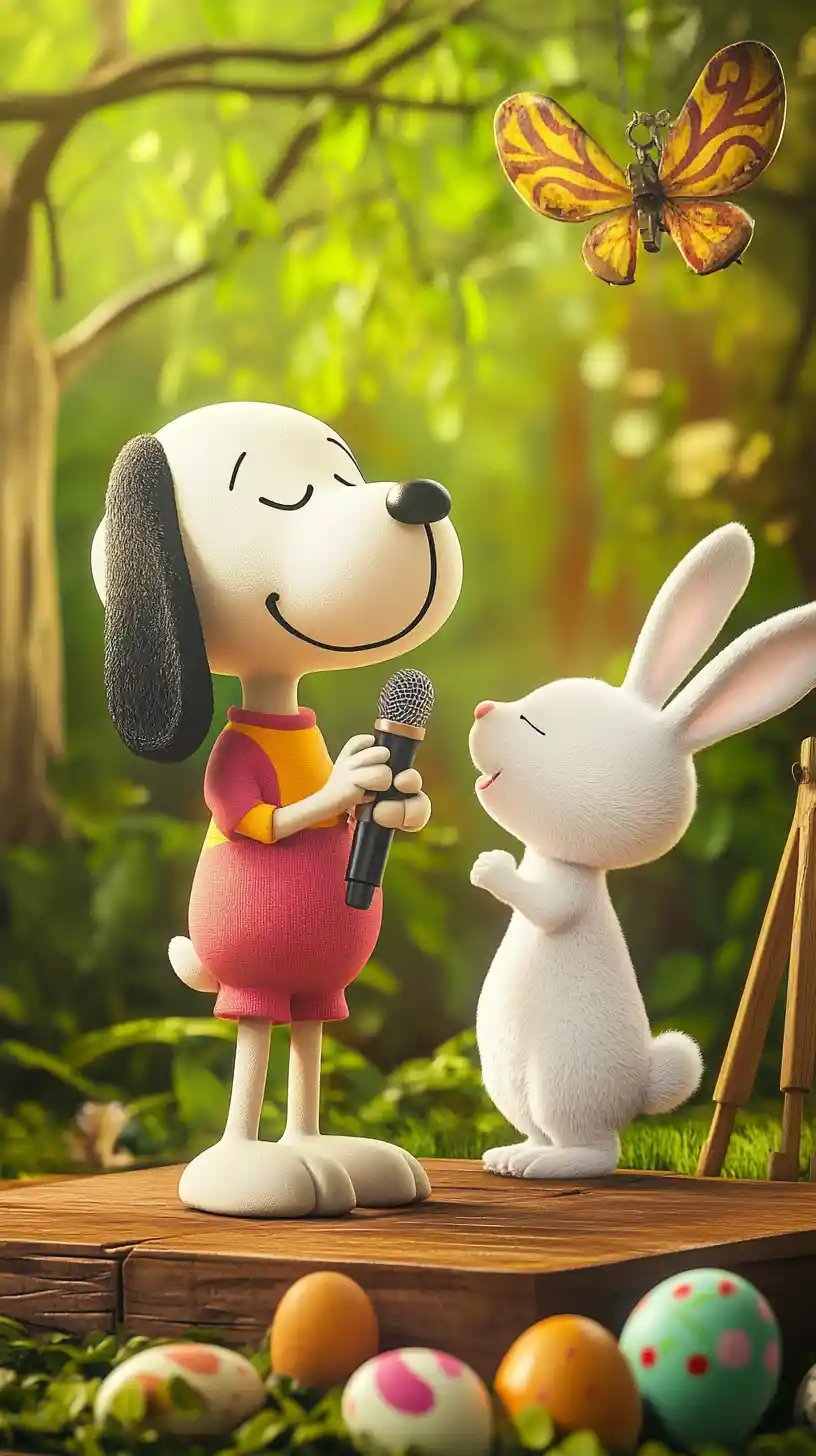 Snoopy And Easter Rabbit Singing Together On Outdoor Stage
