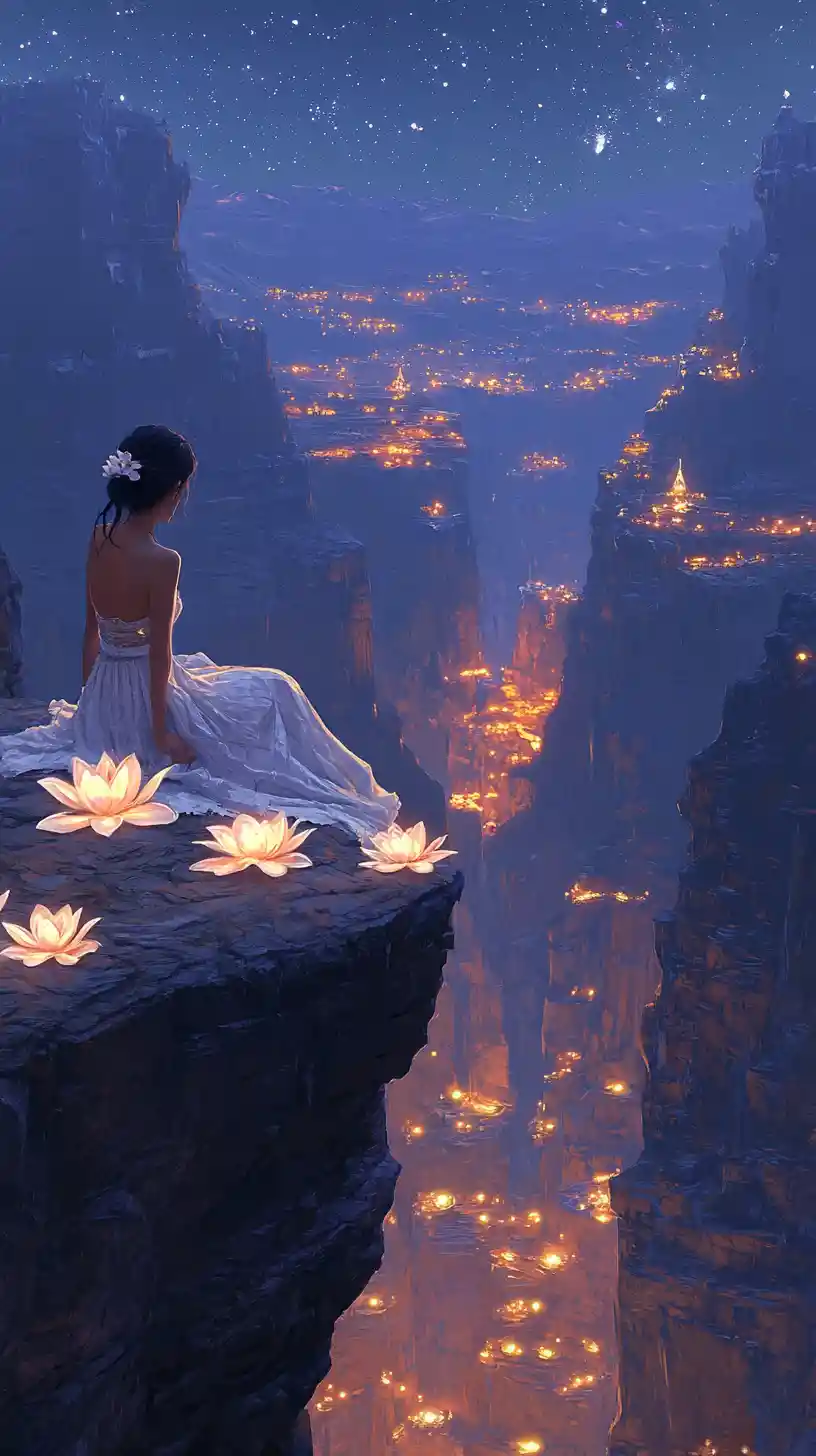 Young woman on cliff above glowing mystical canyon