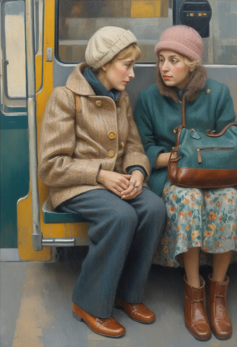 Two elderly women talking on a public transport bench