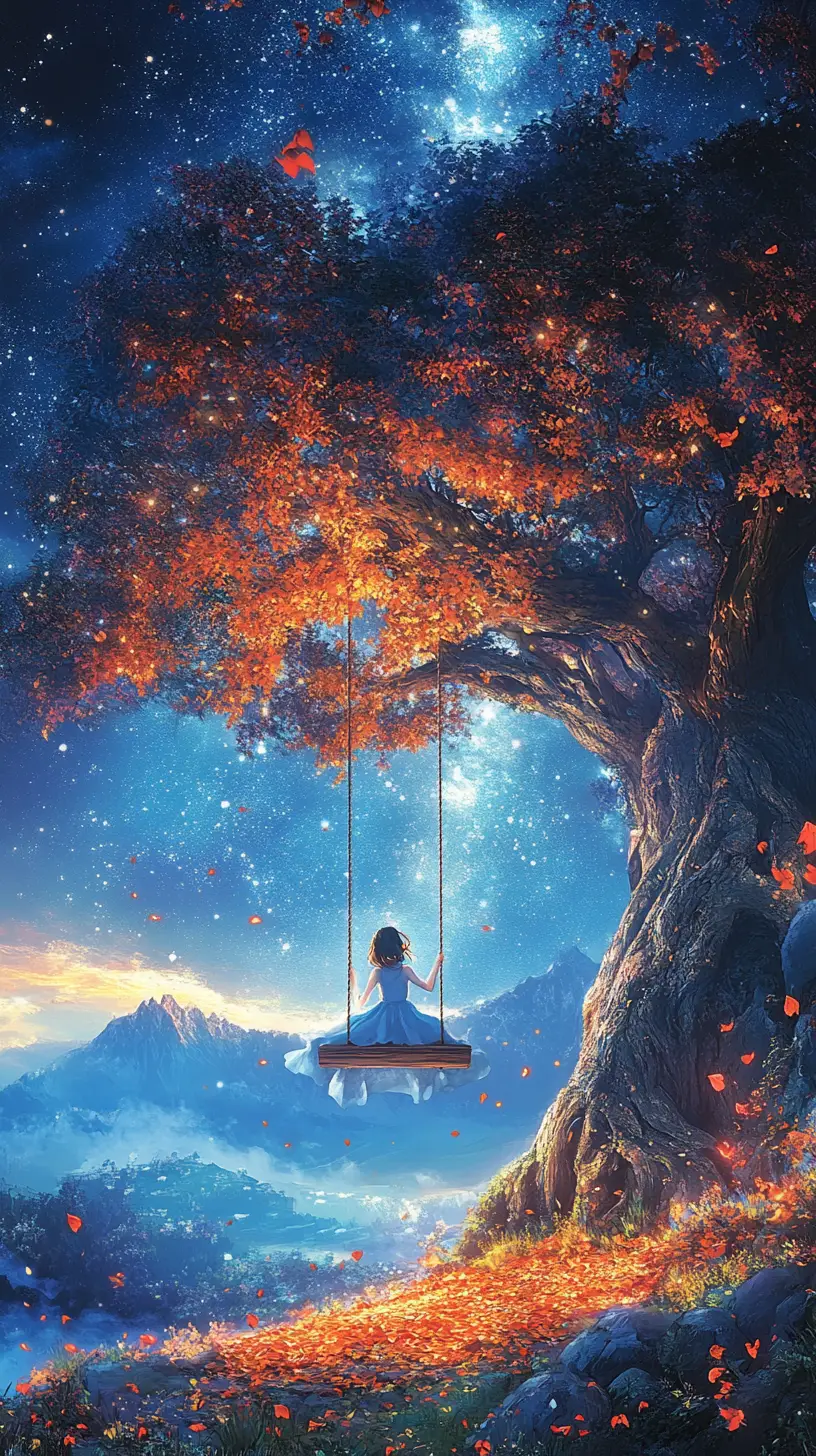 Girl on a tree swing above a misty night valley