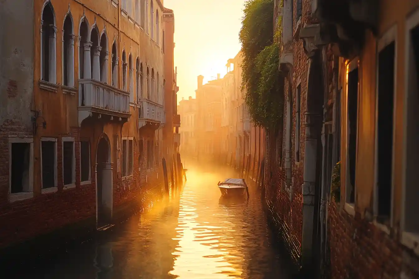 Canale di Venezia che brilla nella foschia dorata del tramonto