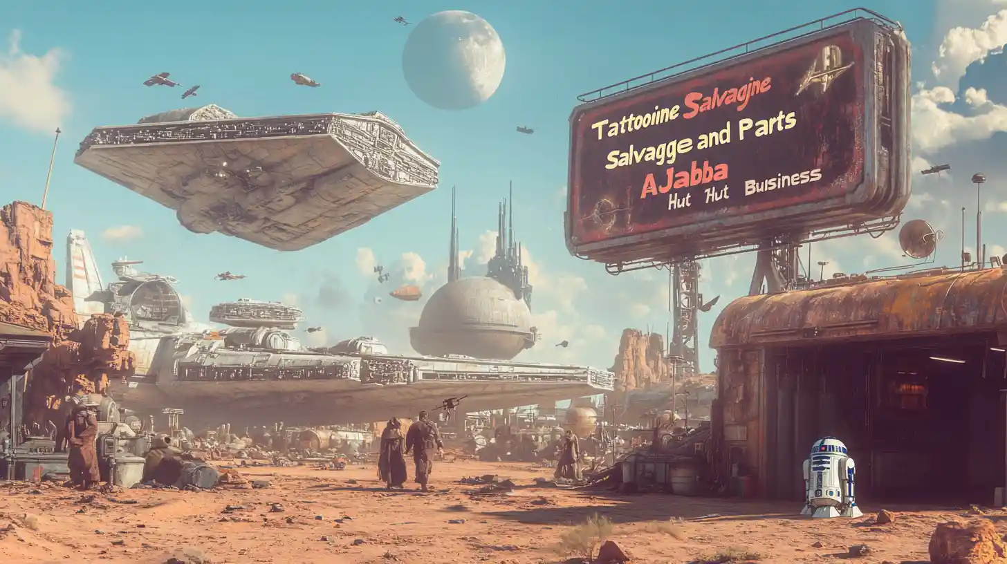 Starship junkyard on a desert planet with scavenging jawas