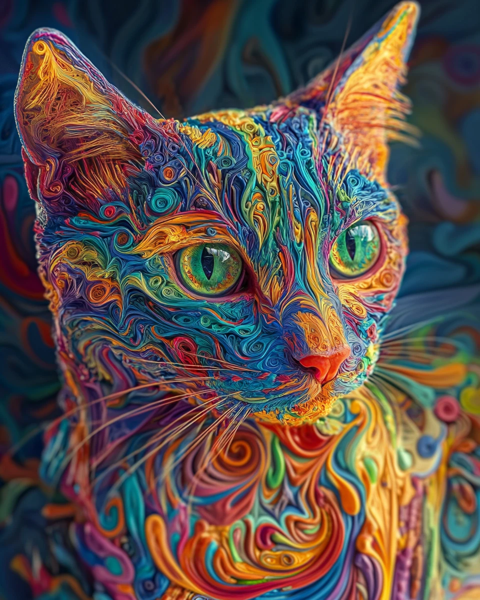 Vívido arte 3D de gato rebosante de emoción intensa
