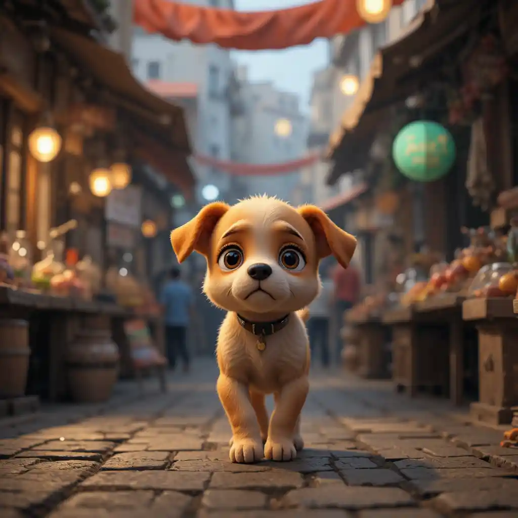 Lonely small puppy walking through a quiet street market