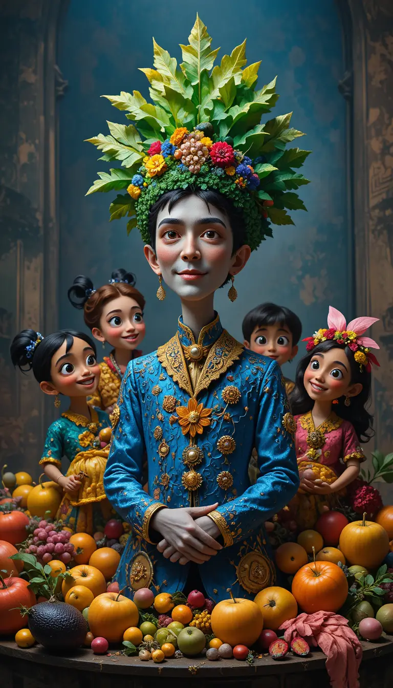 Royal cubist figure adorned with floral robe and fruits